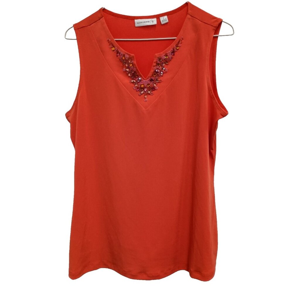Susan Graver Tank Top Womens Small Orange Liquid‎ Knit Beaded Capsule Casual